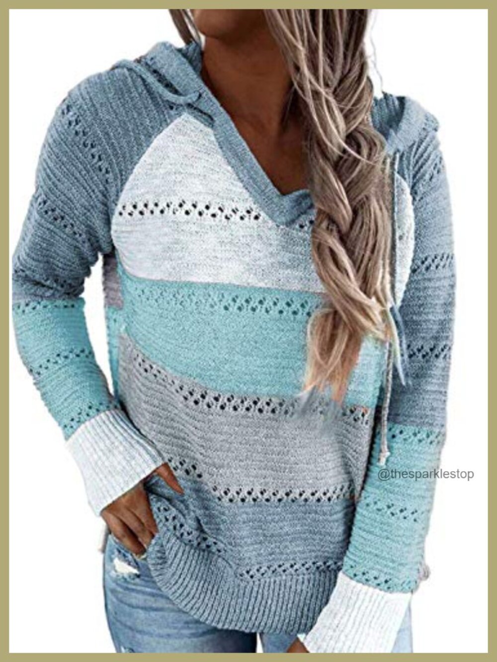 Striped Crochet Pullover Hoodie Casual Long Sleeve Acrylic Sweater
